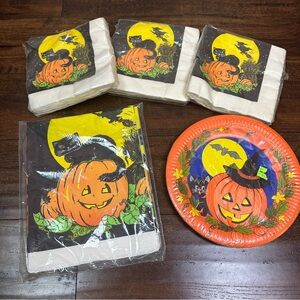 Vintage 1990’s Halloween Black Cat Jack-O-Lantern plates, napkins, & table cloth
